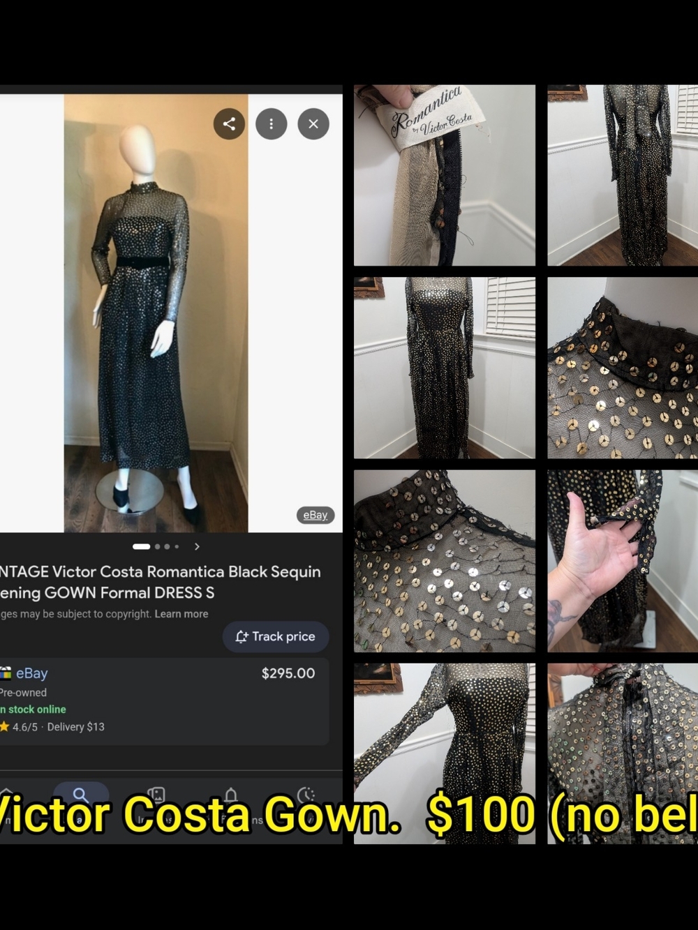 Victor Costa Black Sequin Long-Sleeve Evening Gown (no belt)